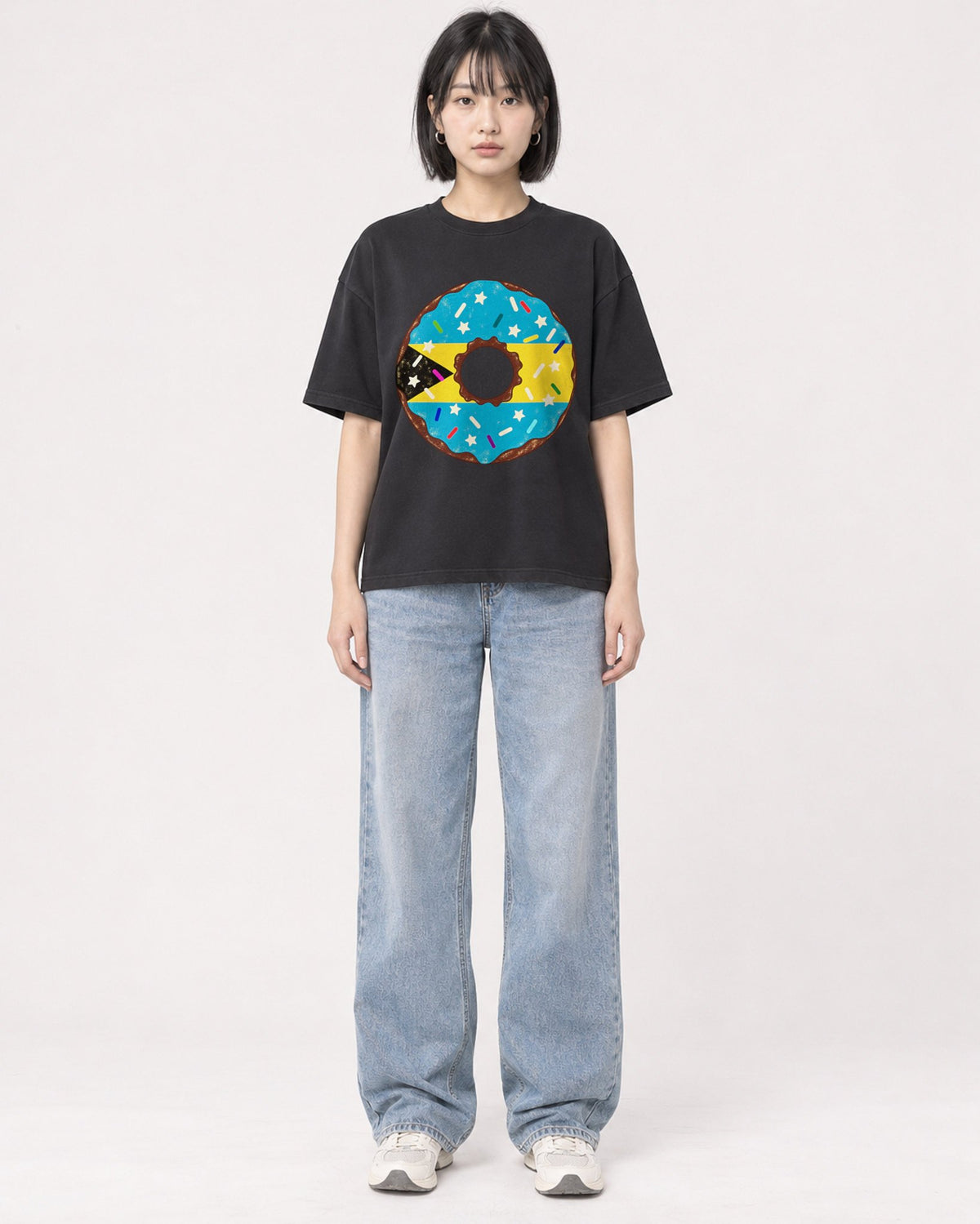 Mockup Boxy Heavyweight Tee Black female full-body 11
