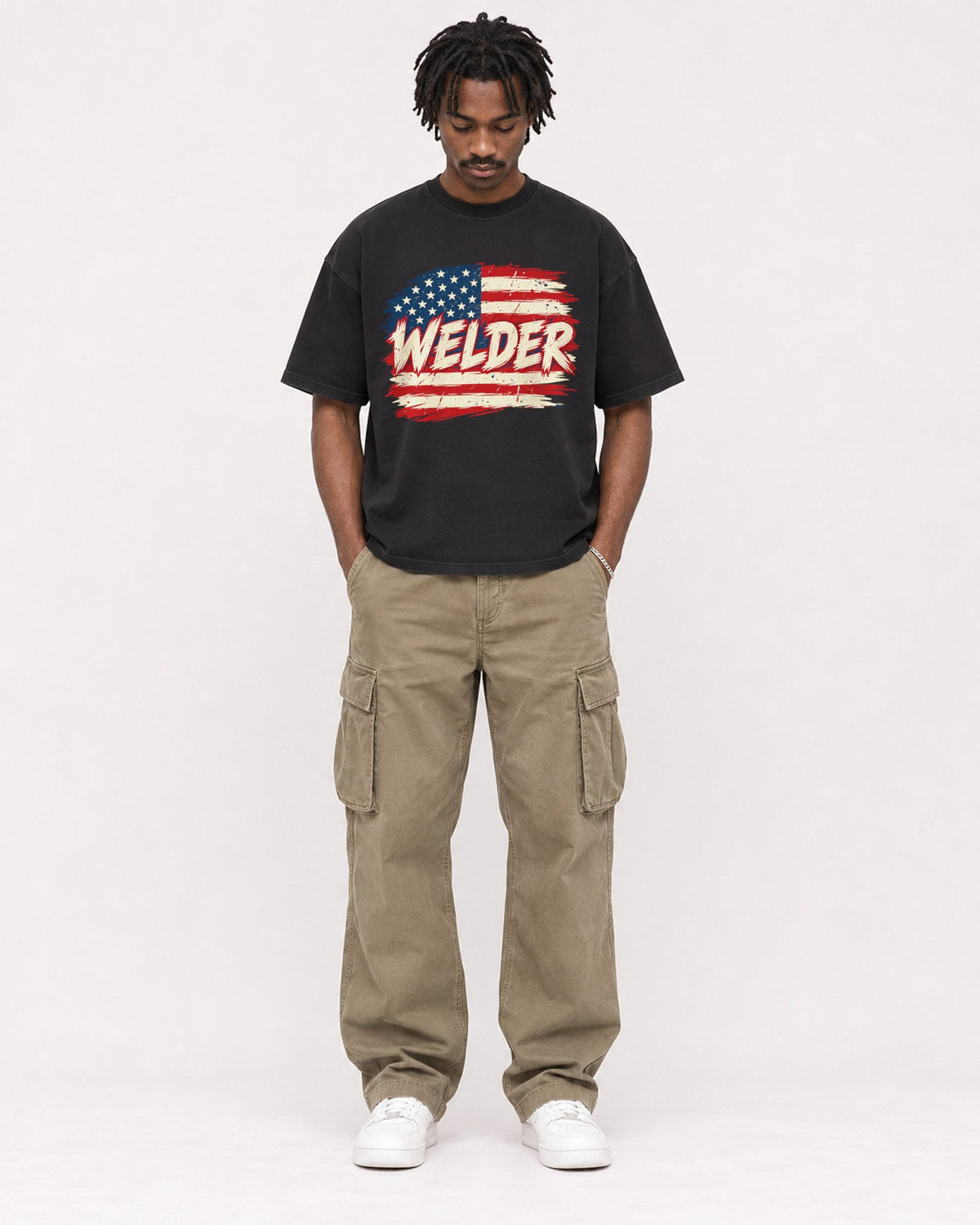Mockup Boxy Heavyweight Tee Black male full-body 04