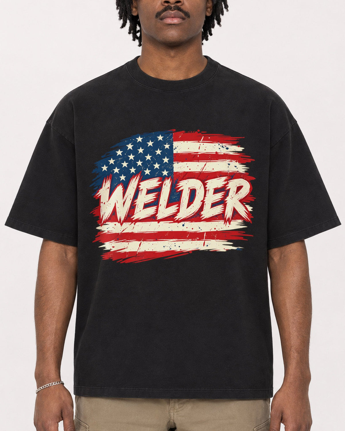 Mockup Boxy Heavyweight Tee Black male close-up 04