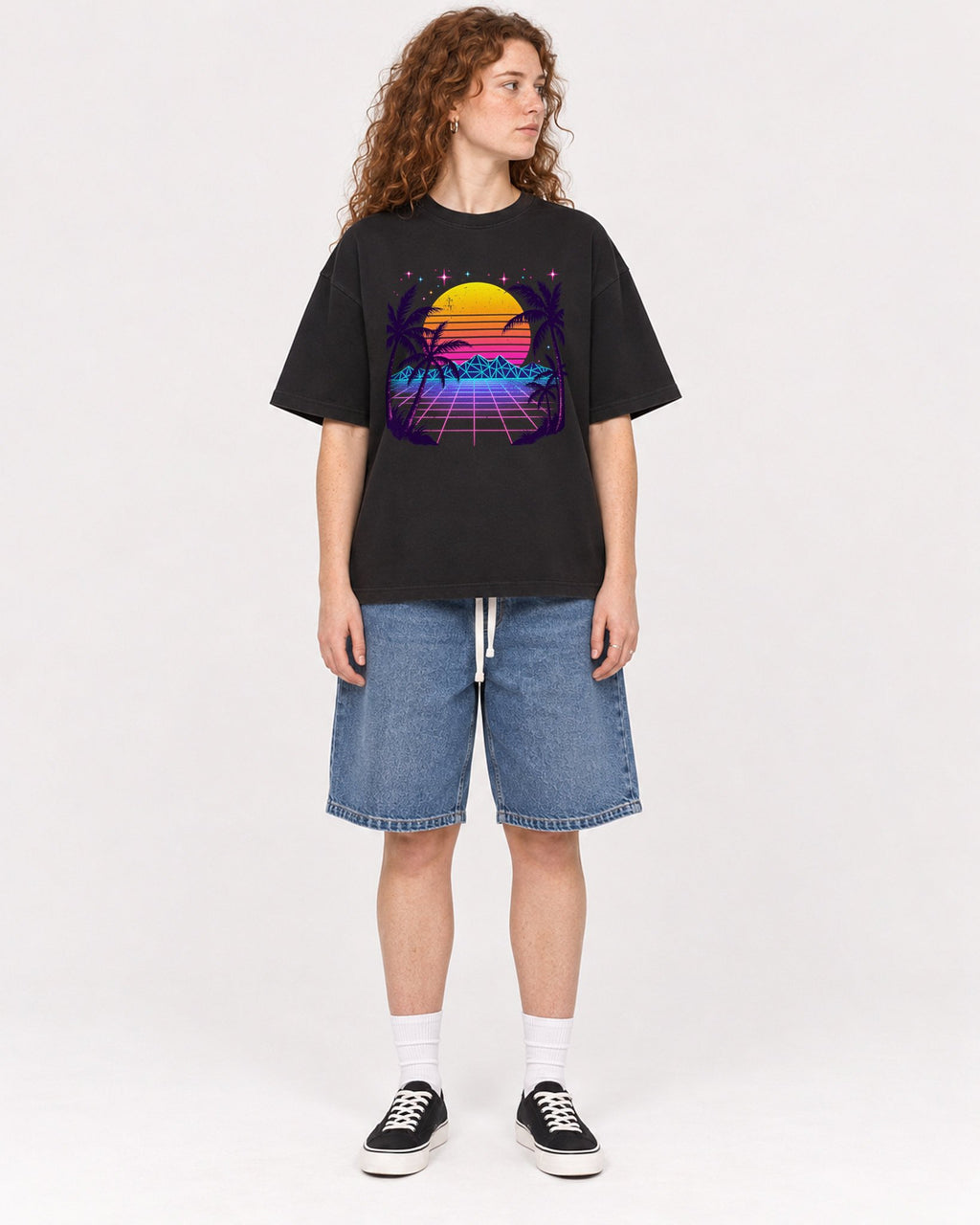 Mockup Boxy Heavyweight Tee Black female full-body 09