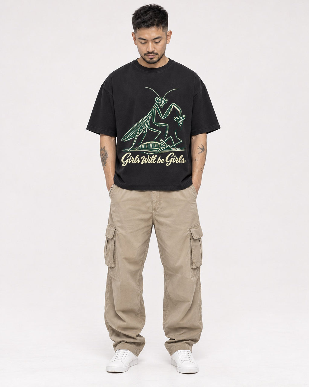 Mockup Boxy Heavyweight Tee Black male full-body 12