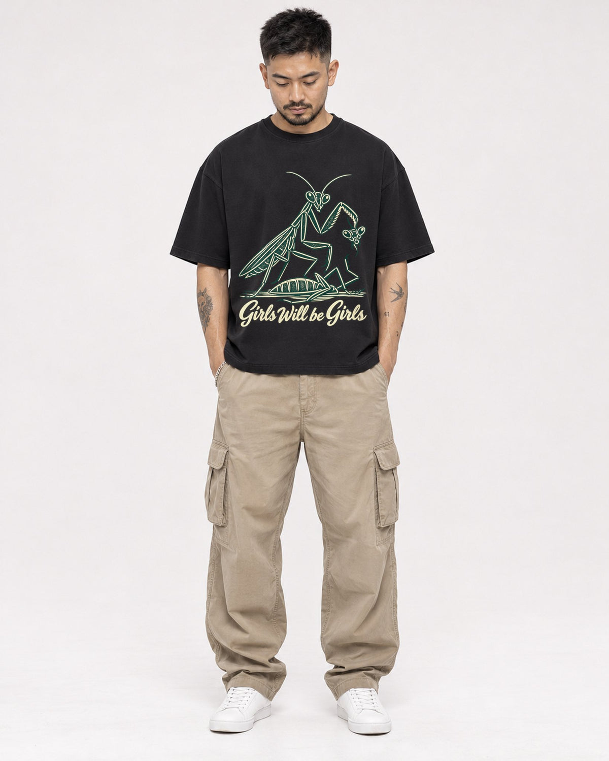 Mockup Boxy Heavyweight Tee Black male full-body 12
