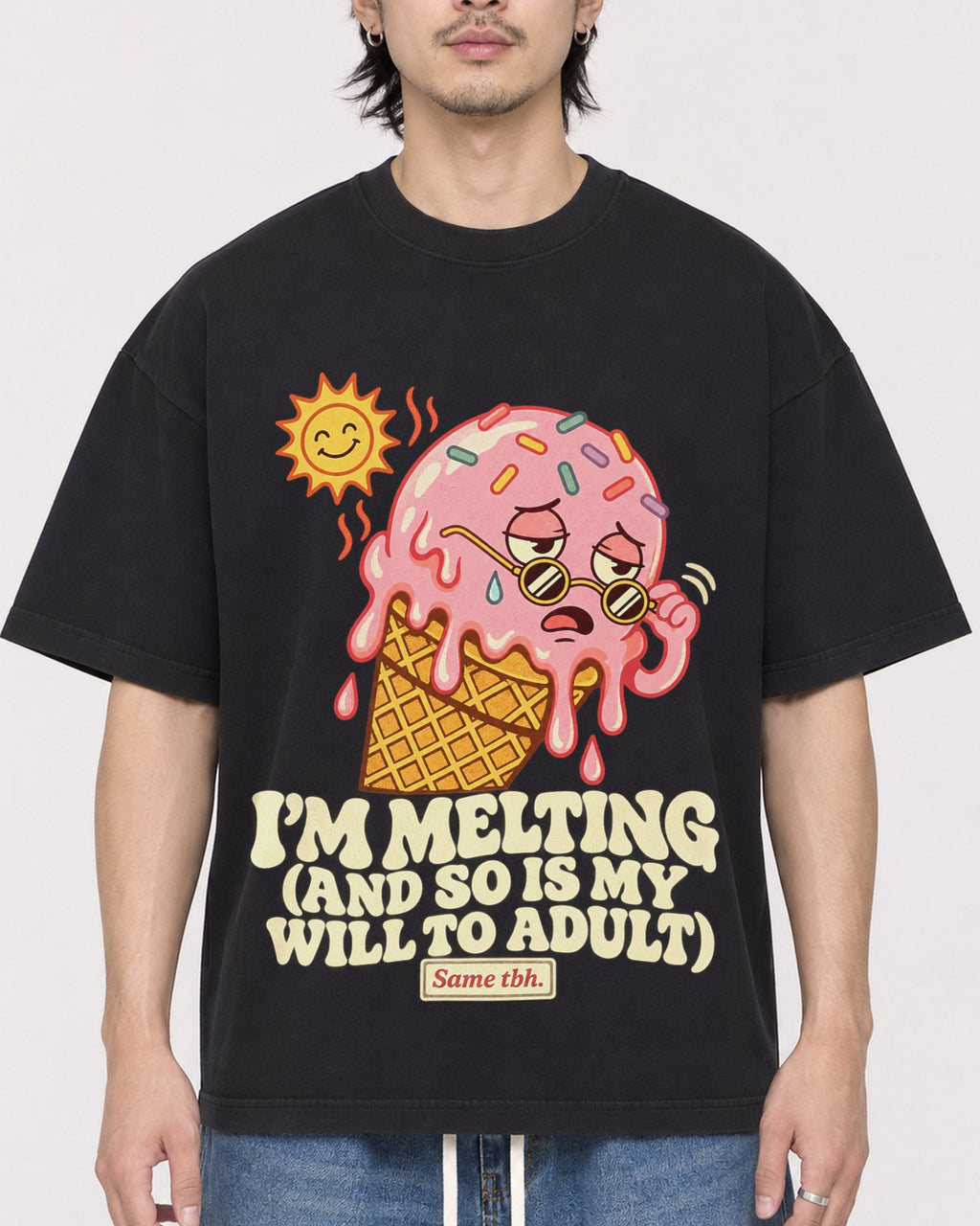 Mockup Boxy Heavyweight Tee Black male close-up 23