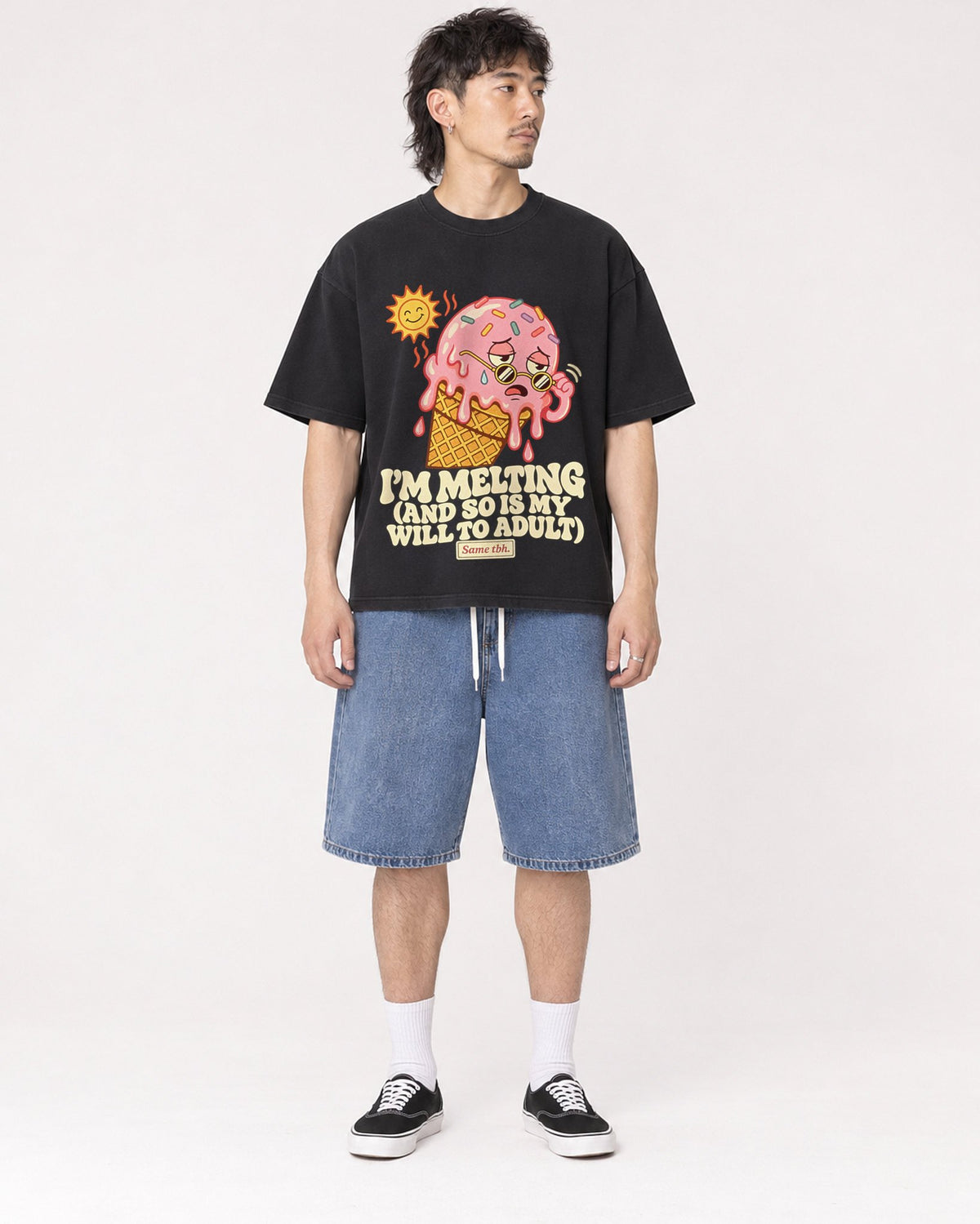 Mockup Boxy Heavyweight Tee Black male full-body 23