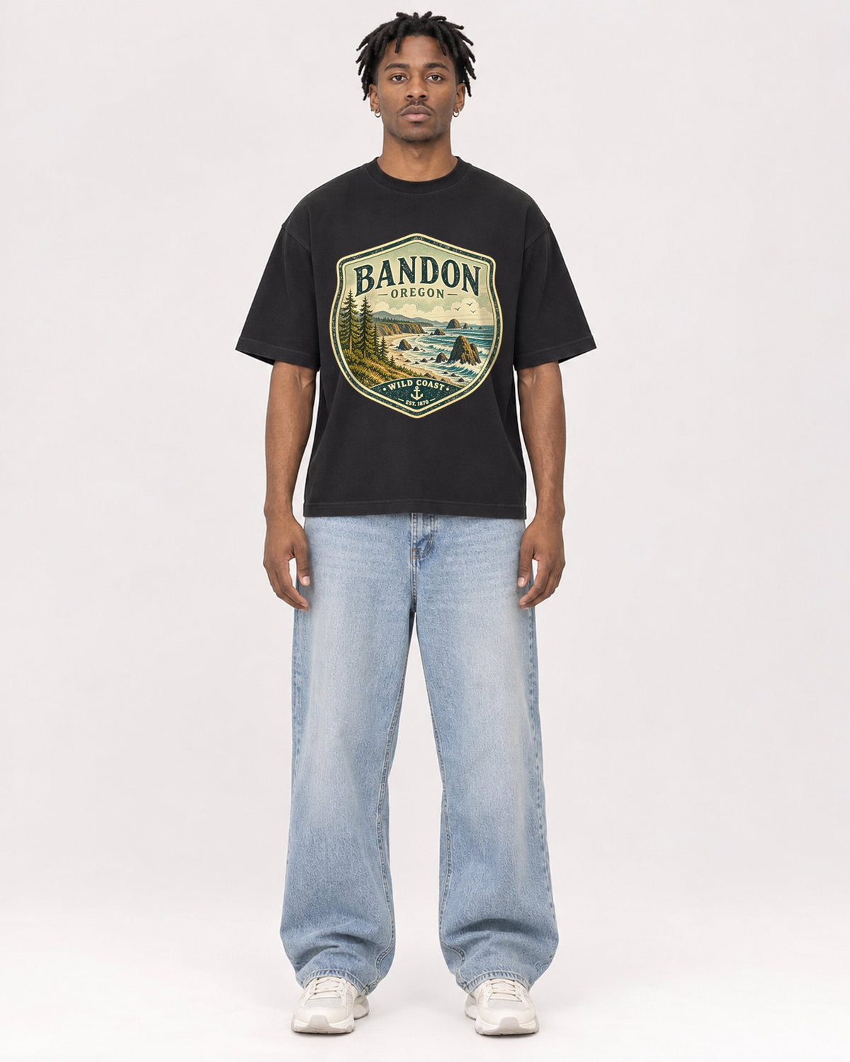 Mockup Boxy Heavyweight Tee Black male full-body 05