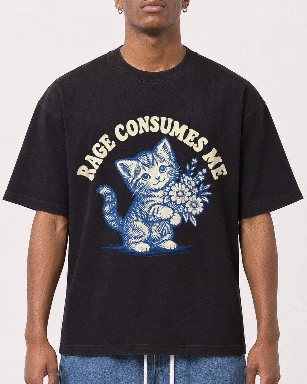 Mockup Boxy Heavyweight Tee Black male close-up 15