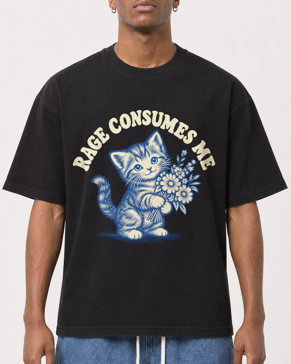 Mockup Boxy Heavyweight Tee Black male close-up 15