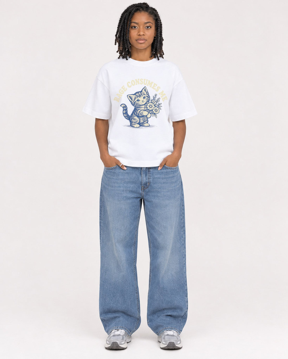 Mockup Boxy Heavyweight Tee White female full-body 15