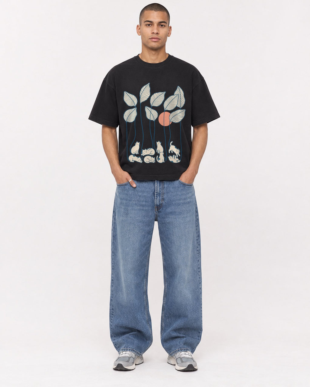 Mockup Boxy Heavyweight Tee Black male full-body 50