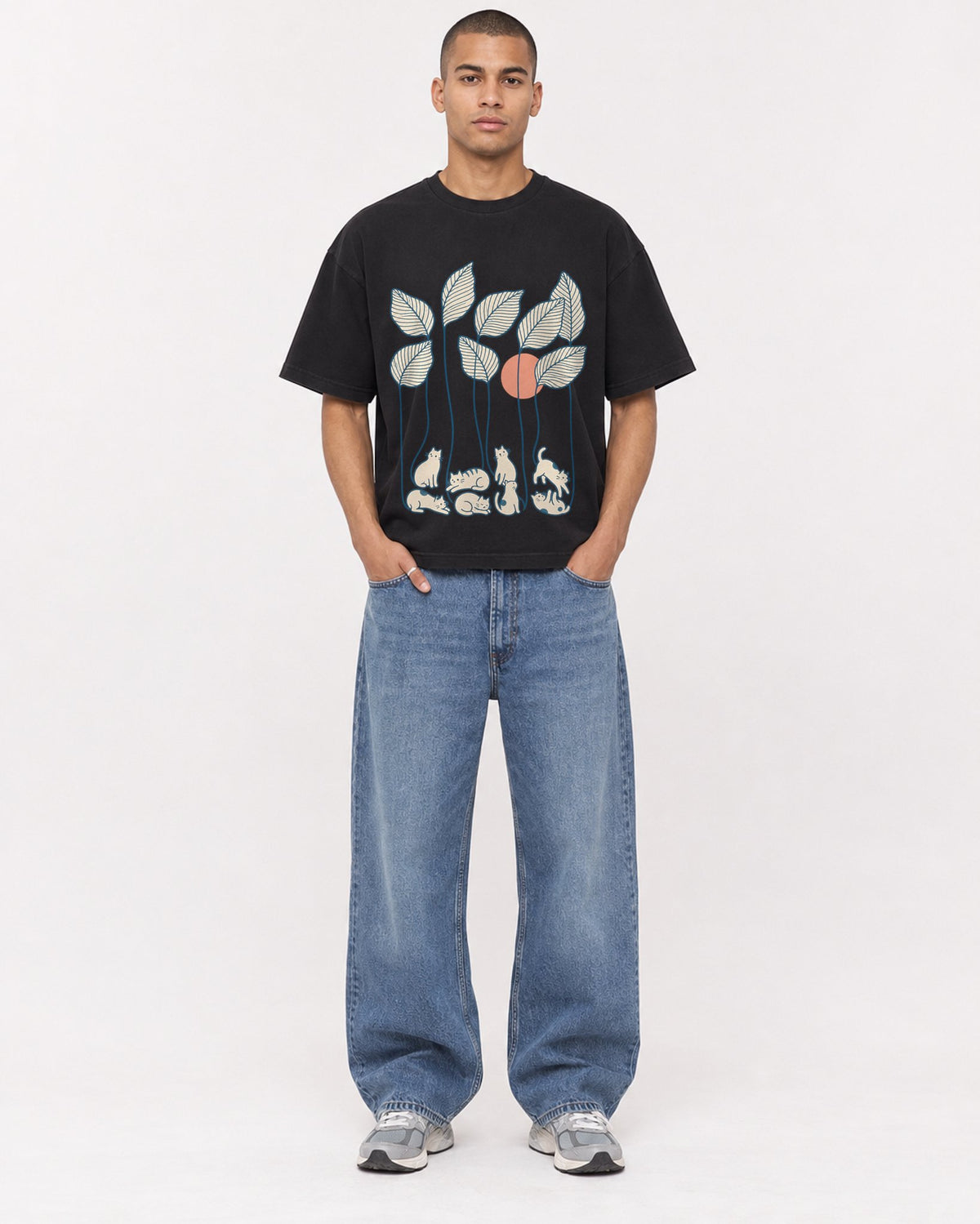 Mockup Boxy Heavyweight Tee Black male full-body 50