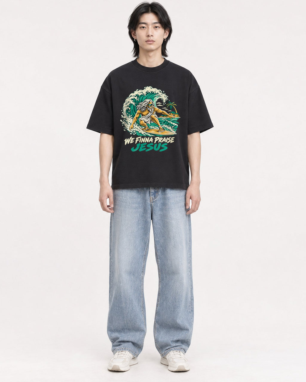 Mockup Boxy Heavyweight Tee Black male full-body 41