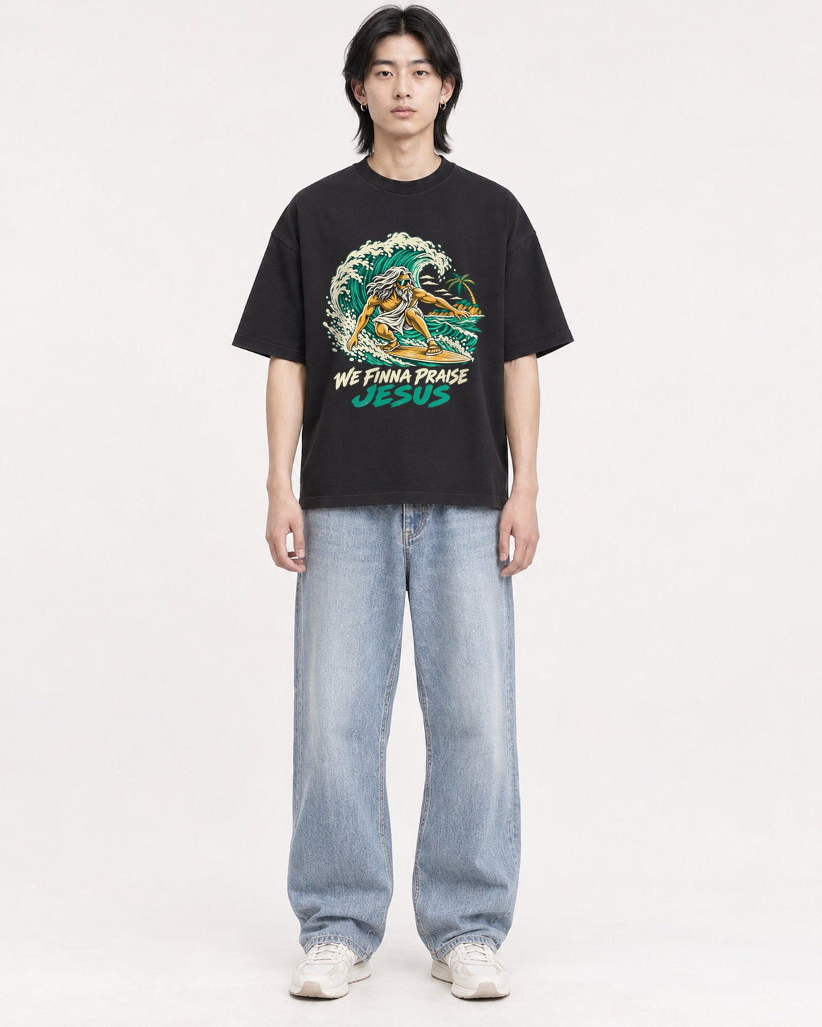 Mockup Boxy Heavyweight Tee Black male full-body 41