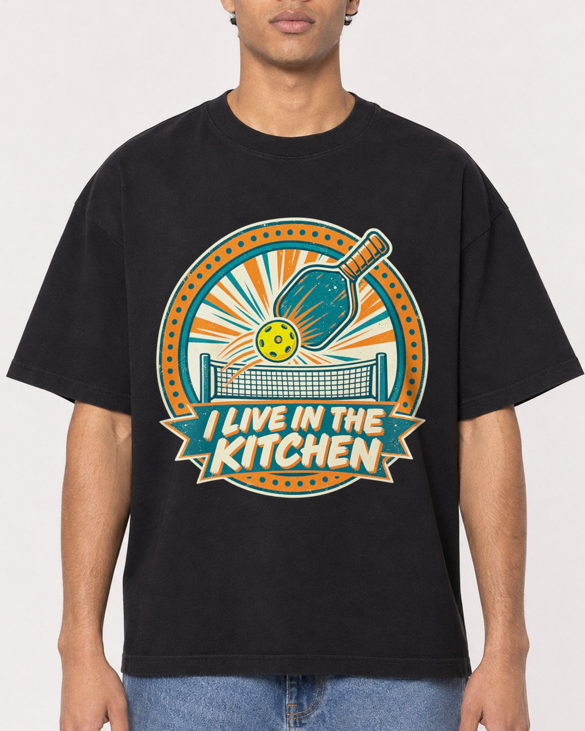 Mockup Boxy Heavyweight Tee Black male close-up 10