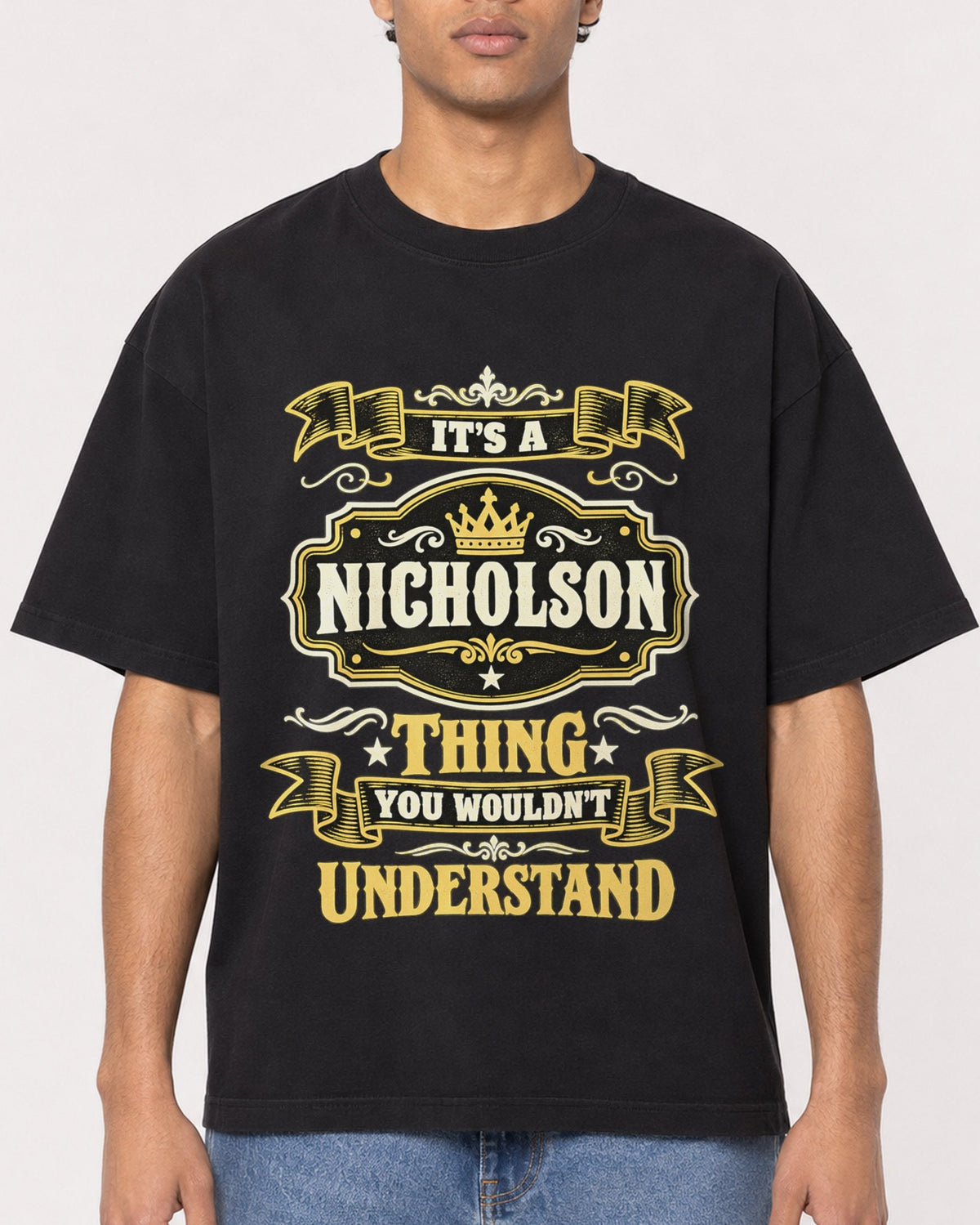 Mockup Boxy Heavyweight Tee Black male close-up 10