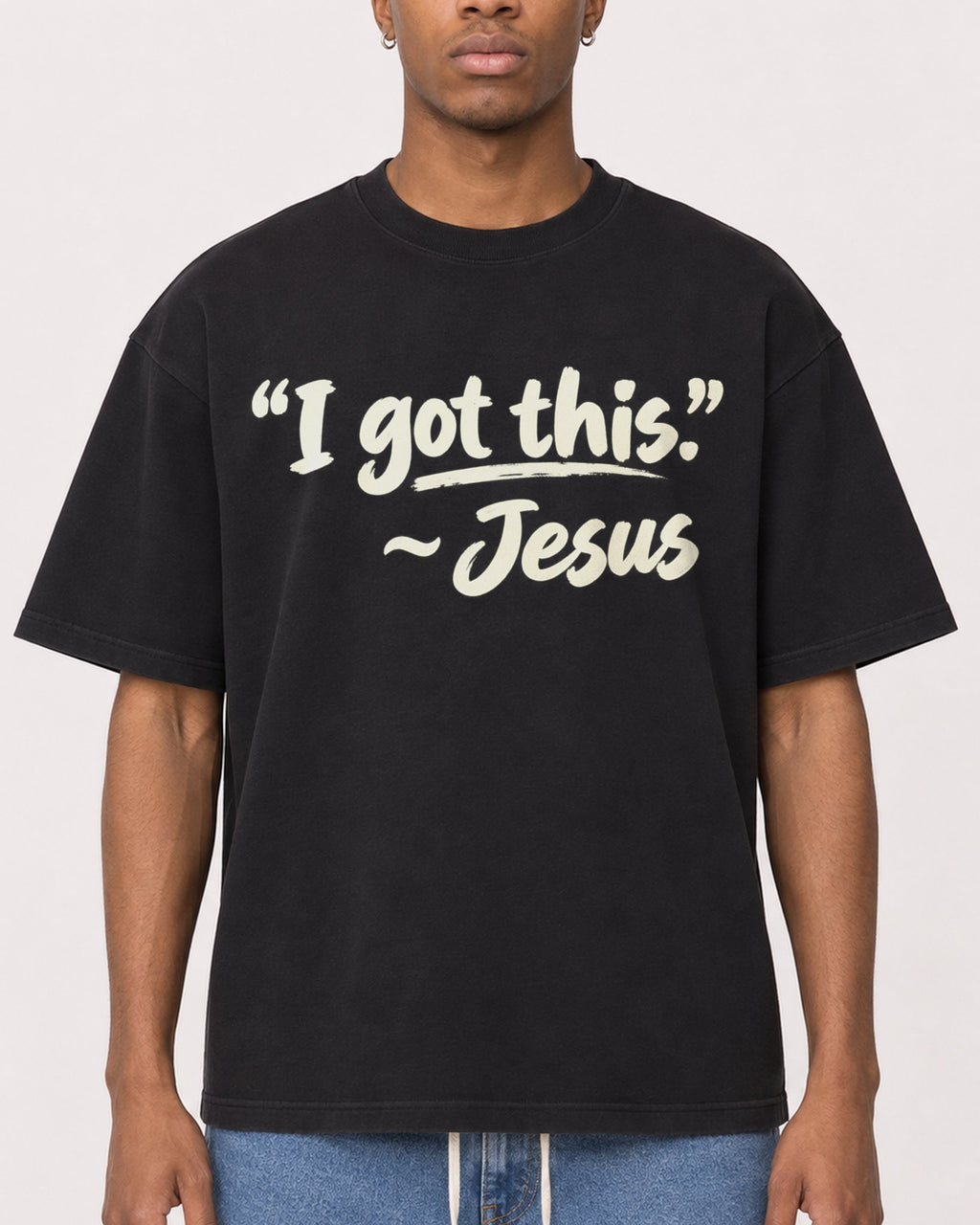 Mockup Boxy Heavyweight Tee Black male close-up 35