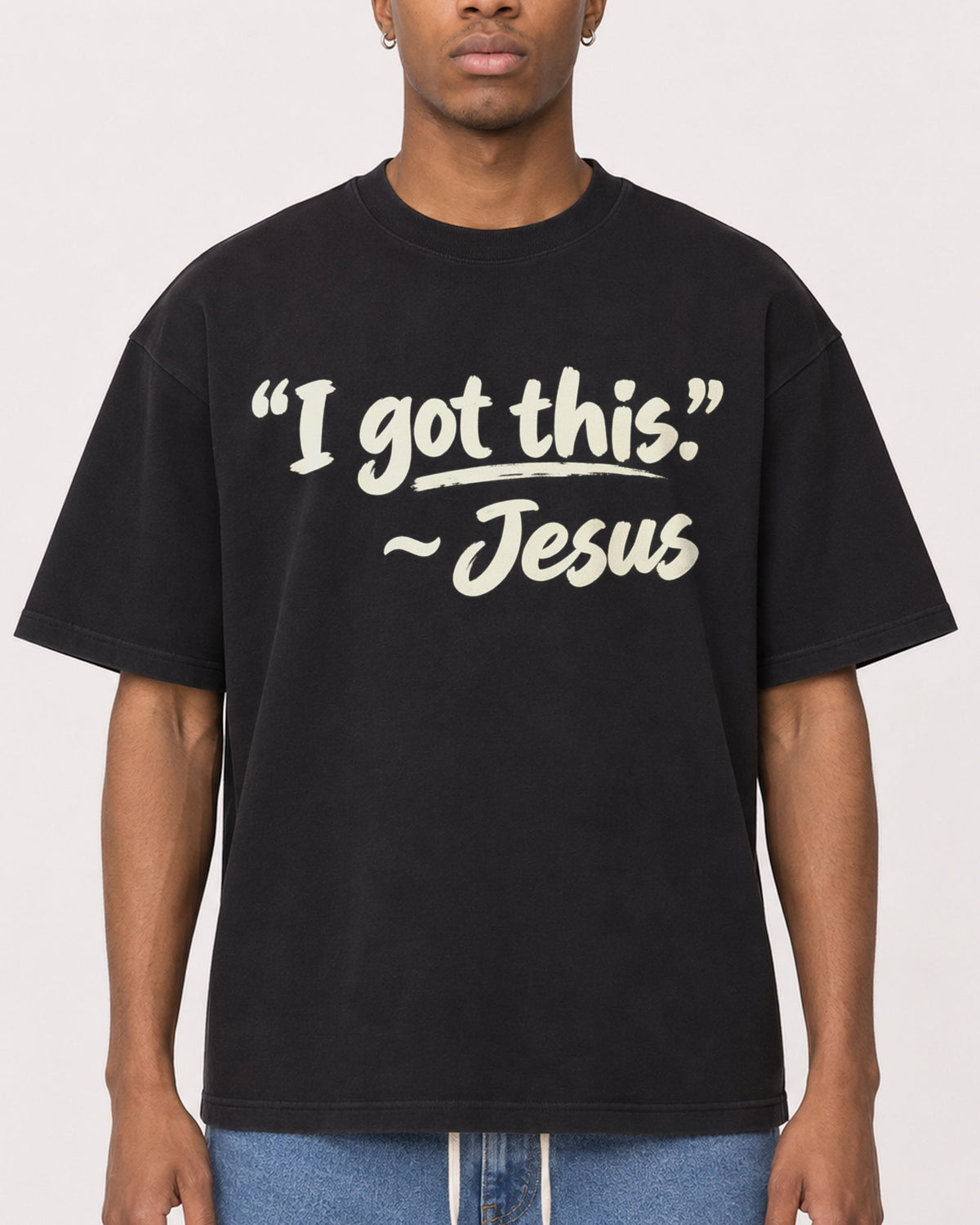 Mockup Boxy Heavyweight Tee Black male close-up 35