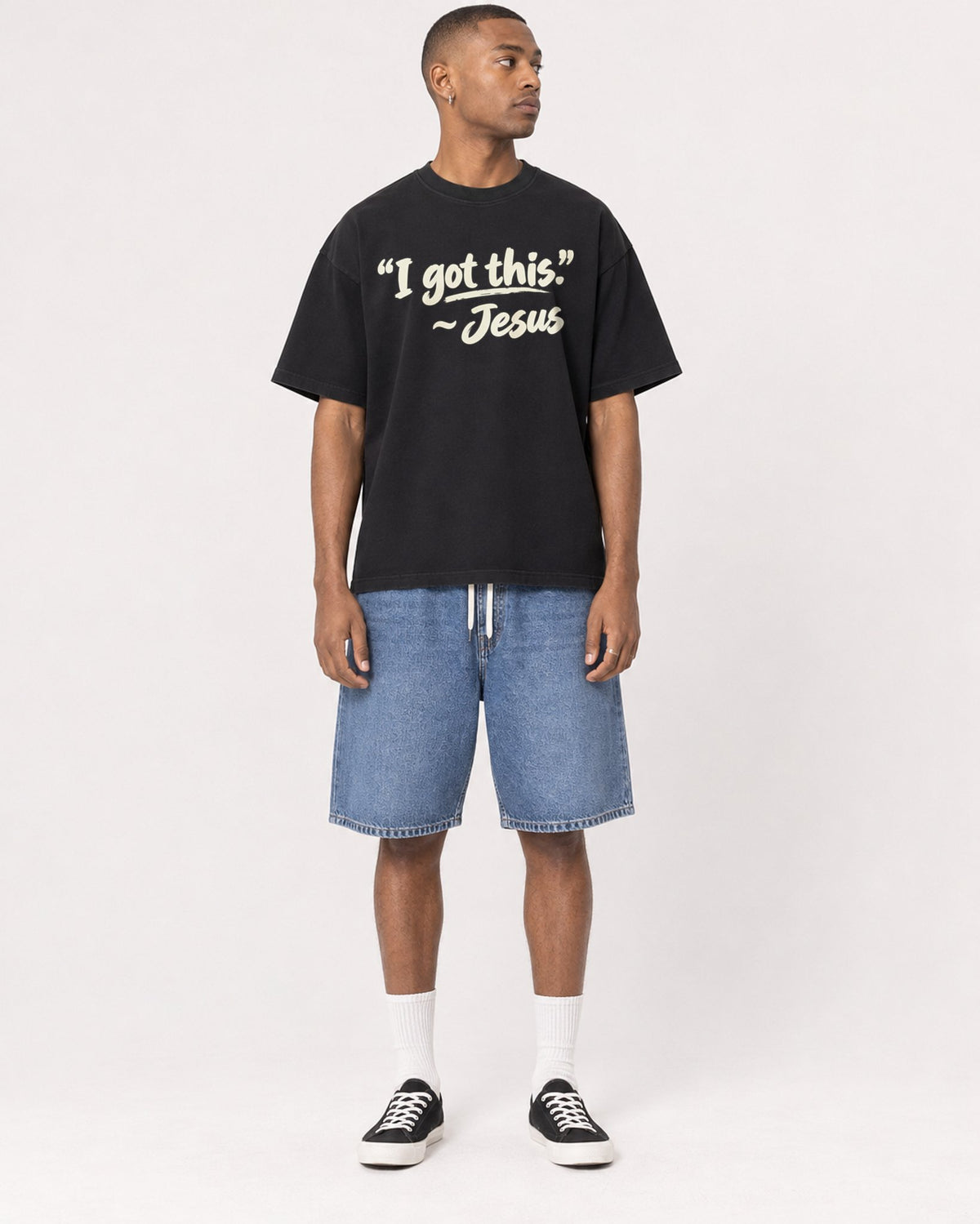 Mockup Boxy Heavyweight Tee Black male full-body 35