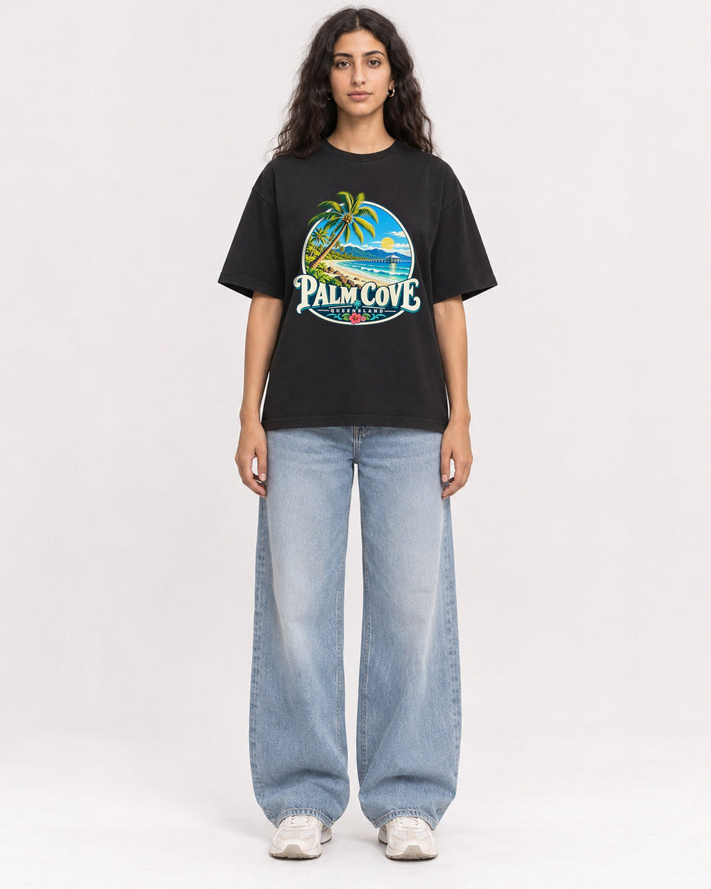Mockup Boxy Heavyweight Tee Black female full-body 07