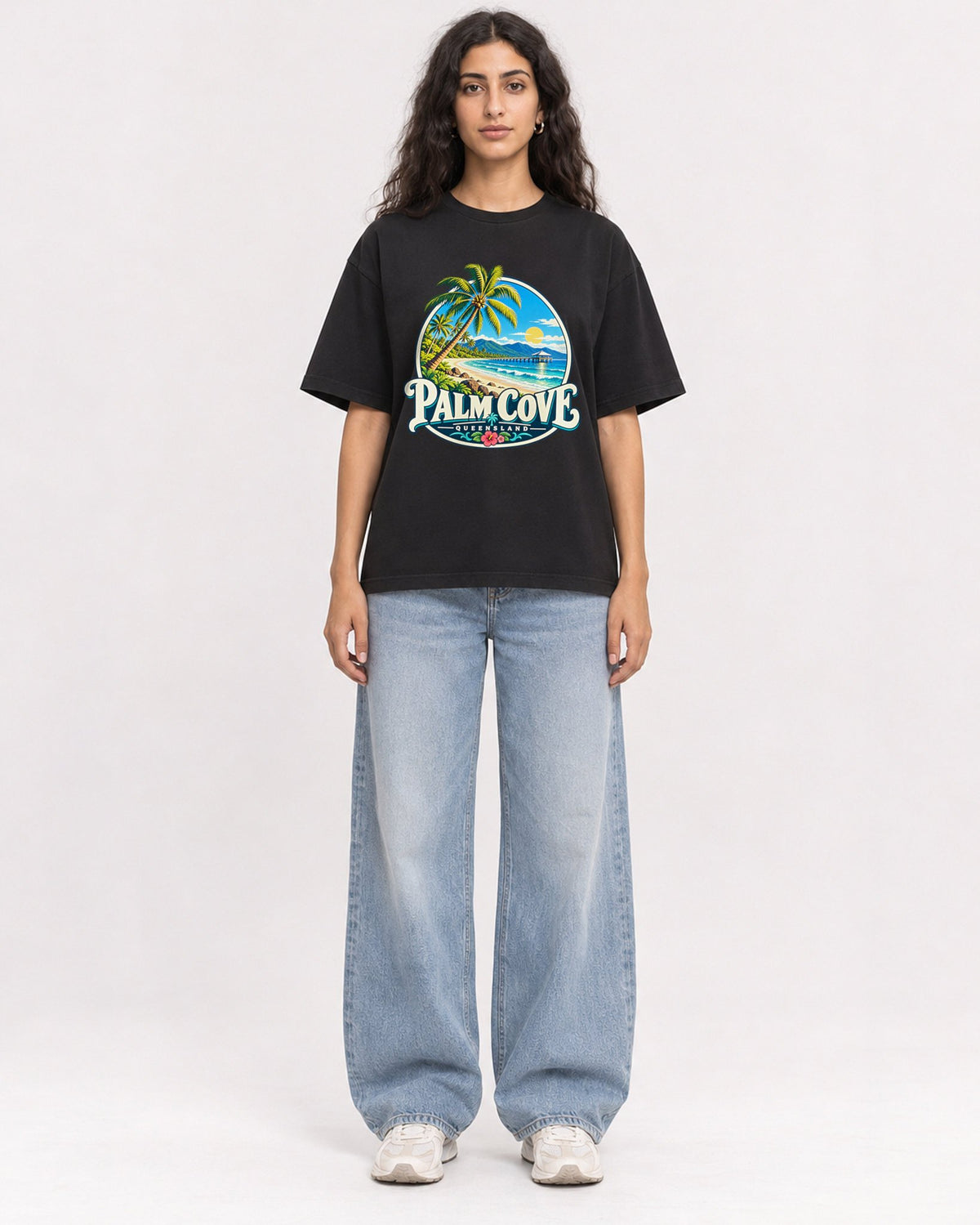 Mockup Boxy Heavyweight Tee Black female full-body 07