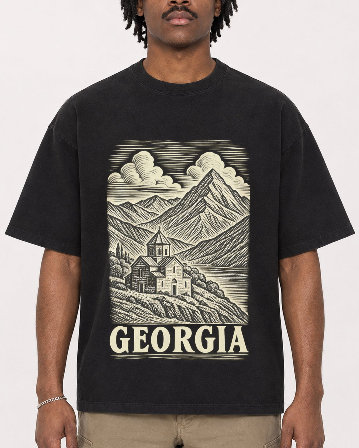 Mockup Boxy Heavyweight Tee Black male close-up 04