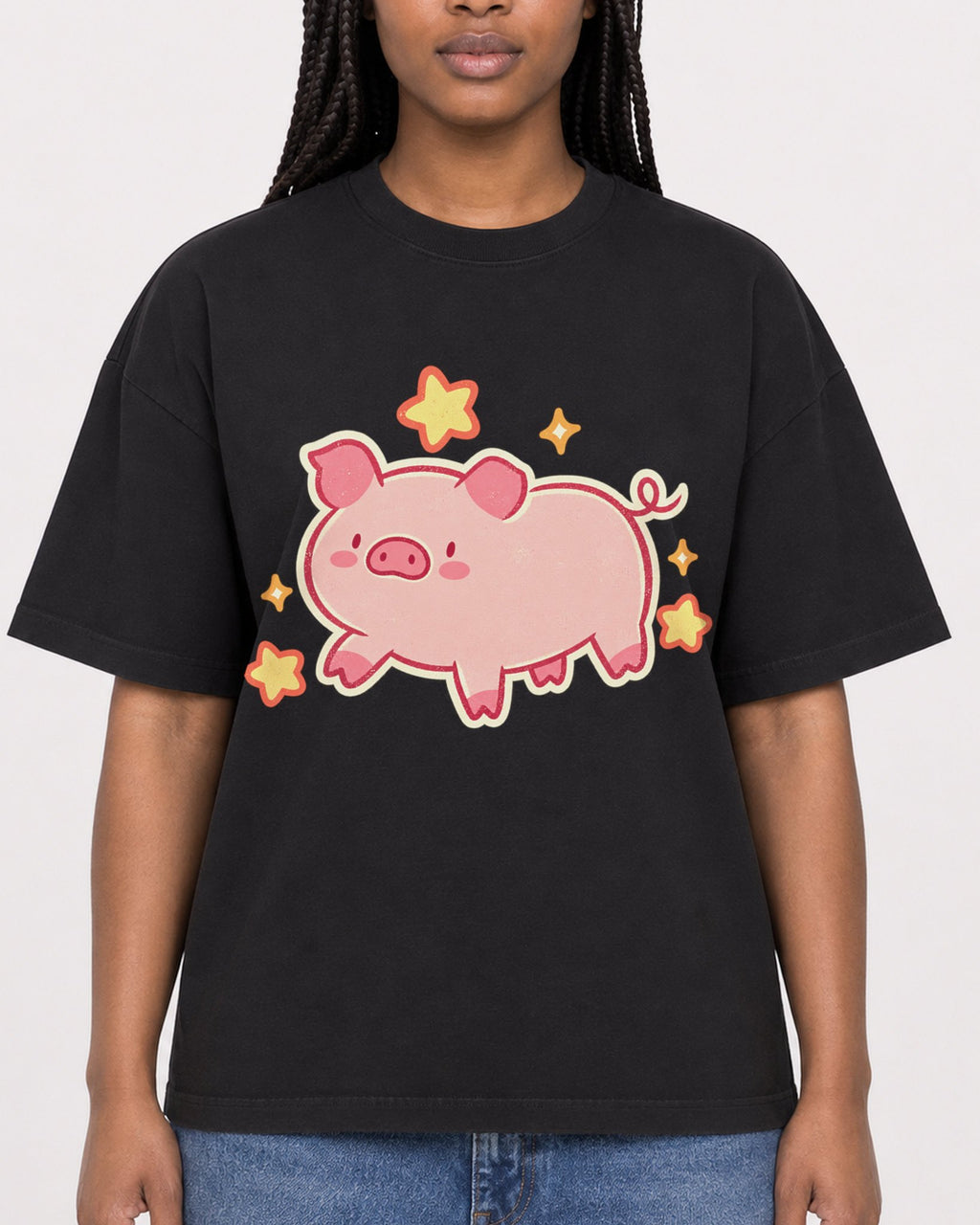 Mockup Boxy Heavyweight Tee Black female close-up 04