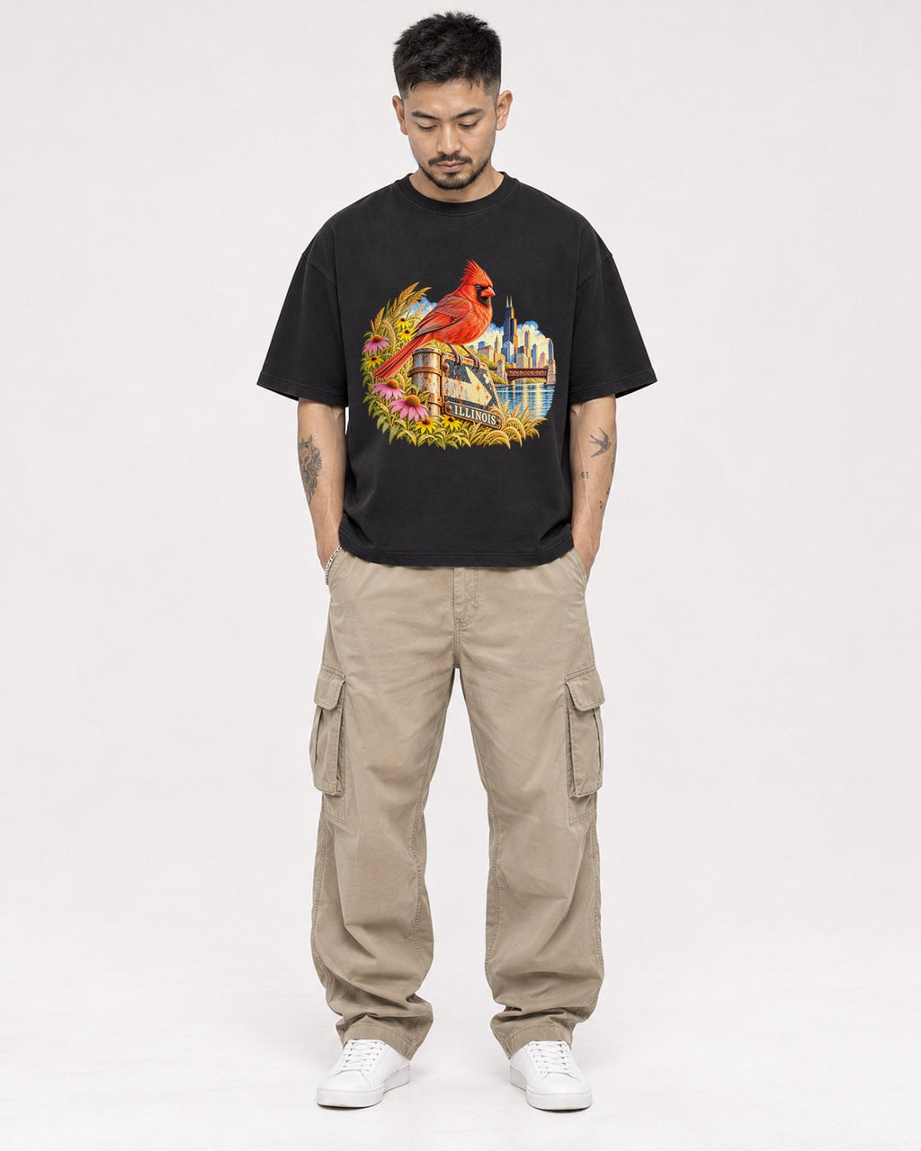 Mockup Boxy Heavyweight Tee Black male full-body 12