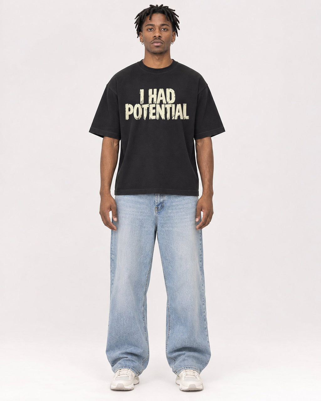 Mockup Boxy Heavyweight Tee Black male full-body 05