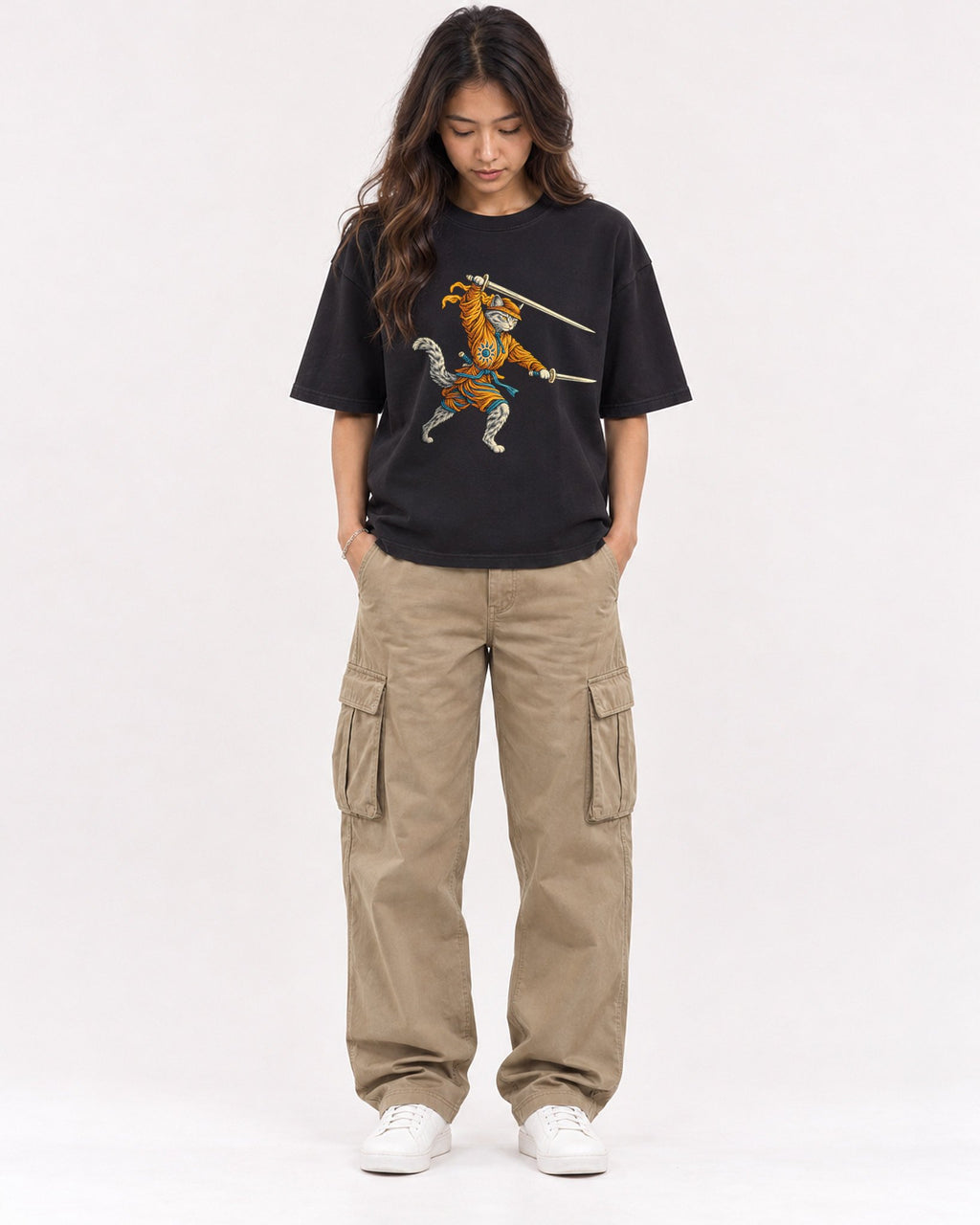 Mockup Boxy Heavyweight Tee Black female full-body 02