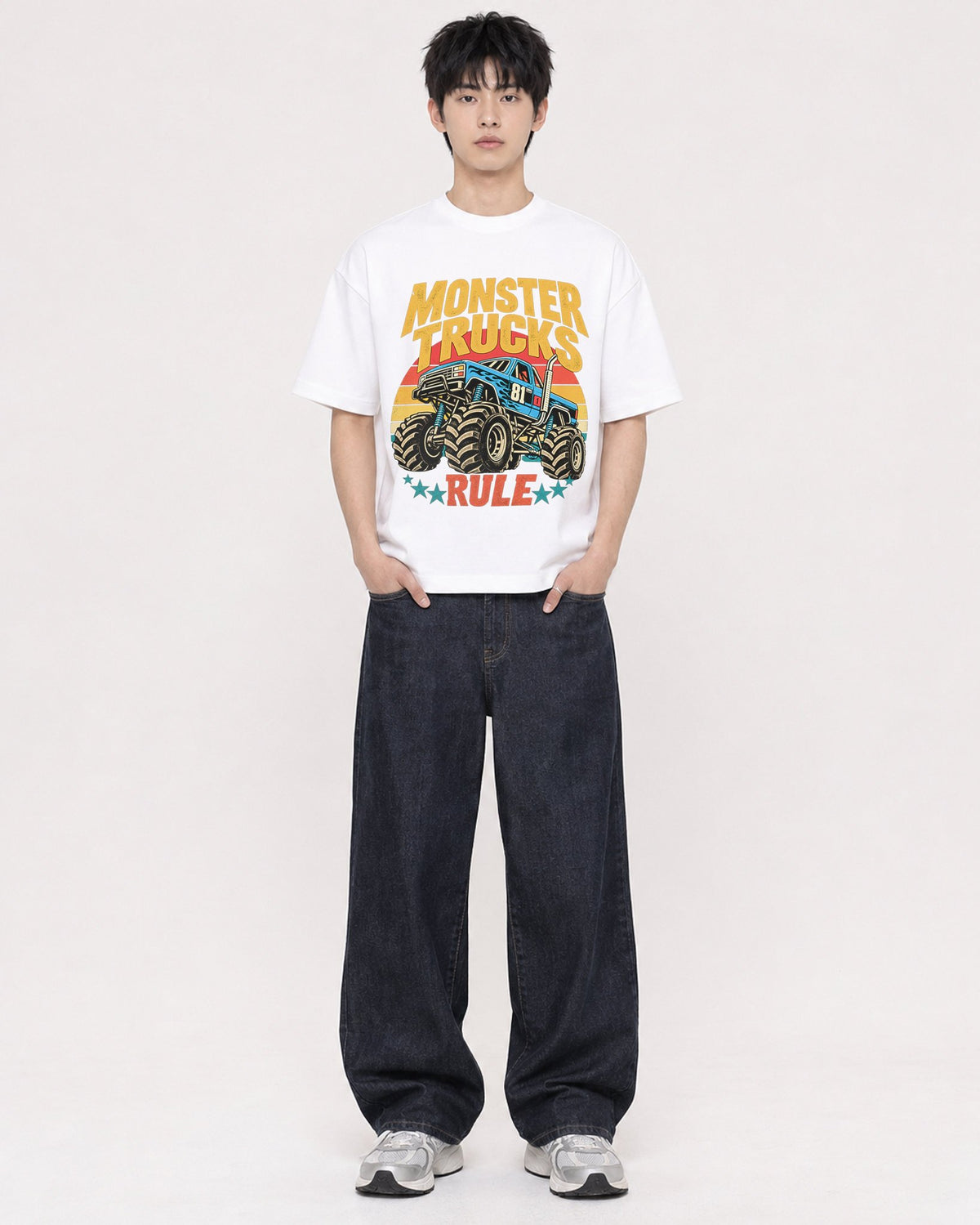 Mockup Boxy Heavyweight Tee White male full-body 01