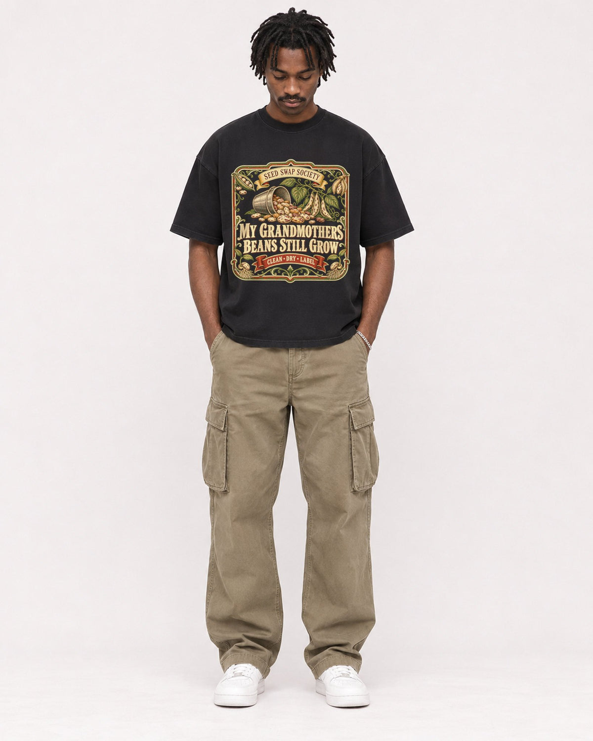 Mockup Boxy Heavyweight Tee Black male full-body 04