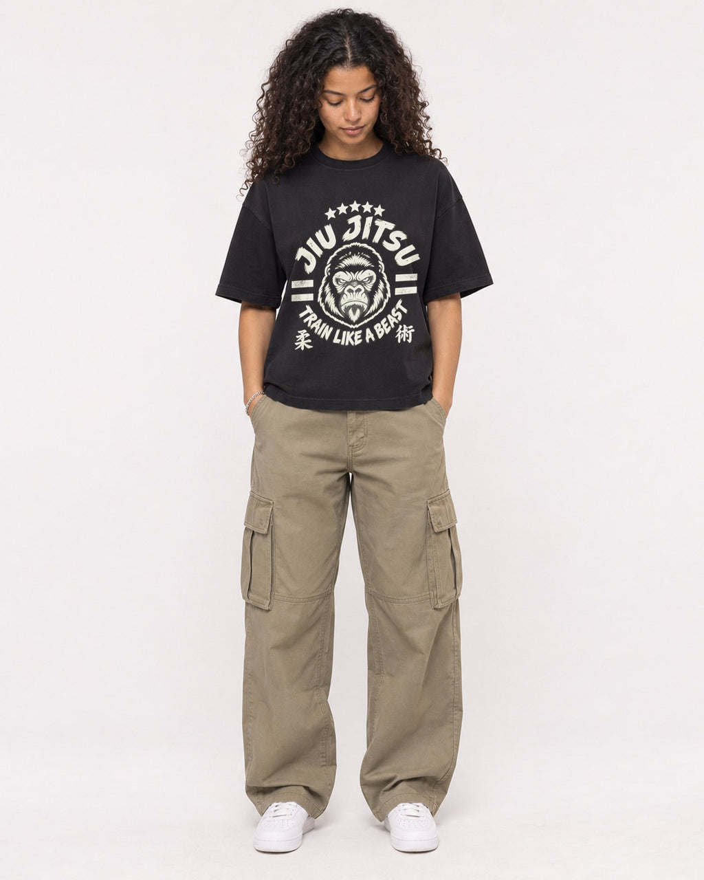 Mockup Boxy Heavyweight Tee Black female full-body 10