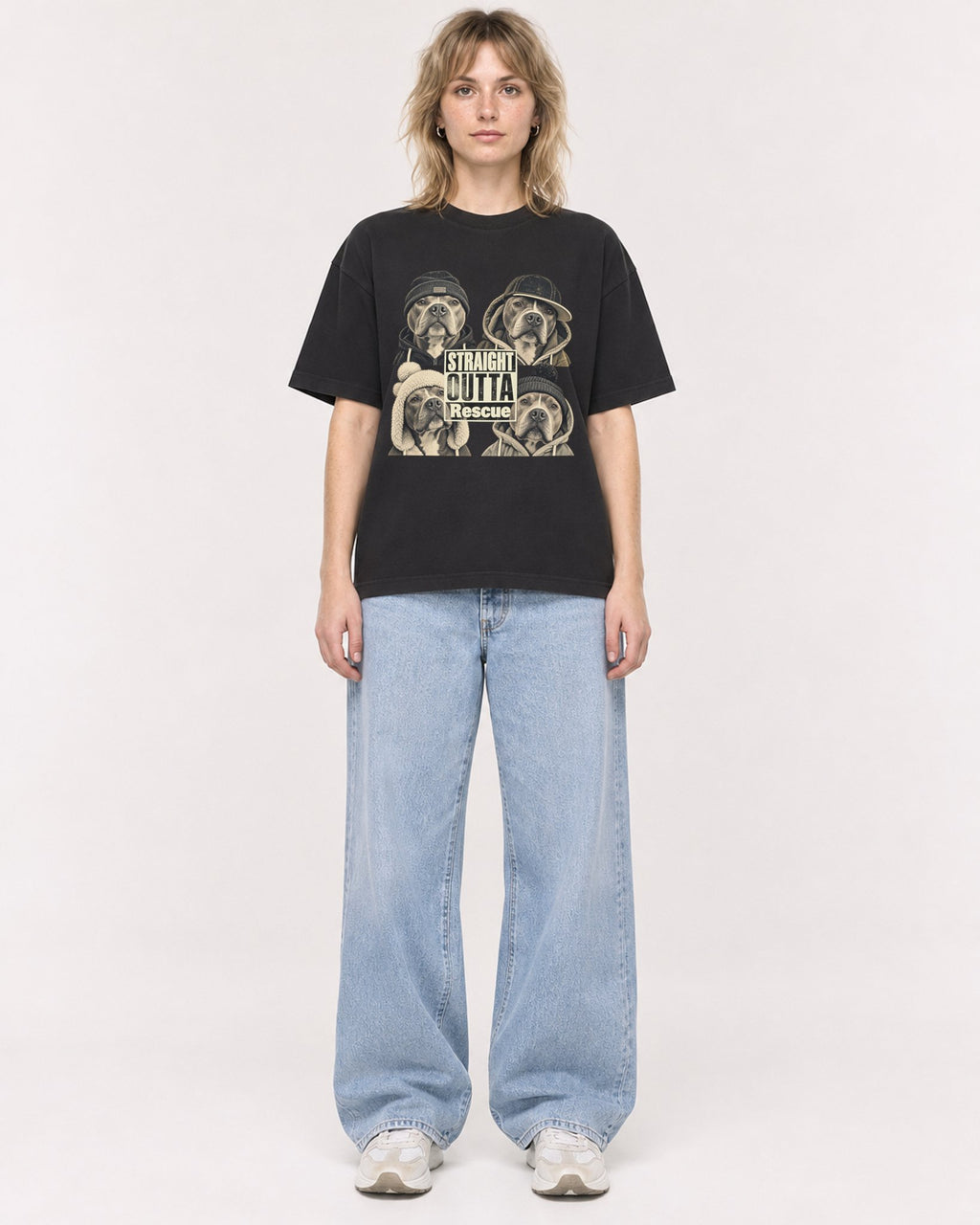Mockup Boxy Heavyweight Tee Black female full-body 19