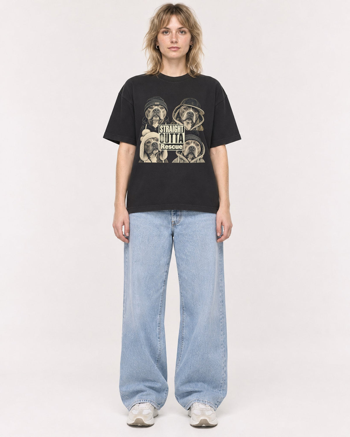 Mockup Boxy Heavyweight Tee Black female full-body 19