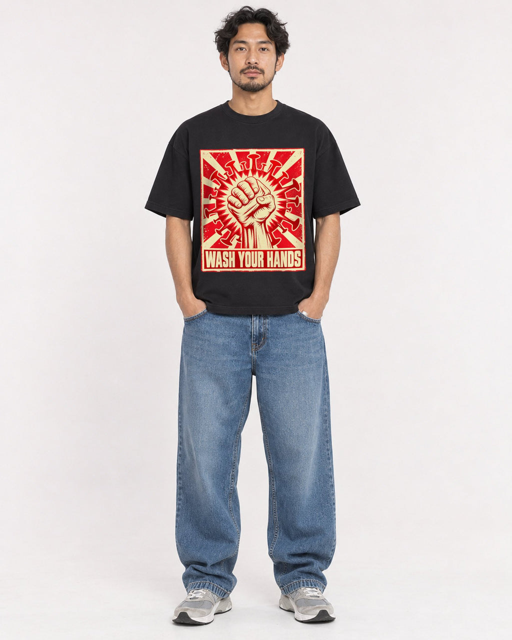 Mockup Boxy Heavyweight Tee Black male full-body 02