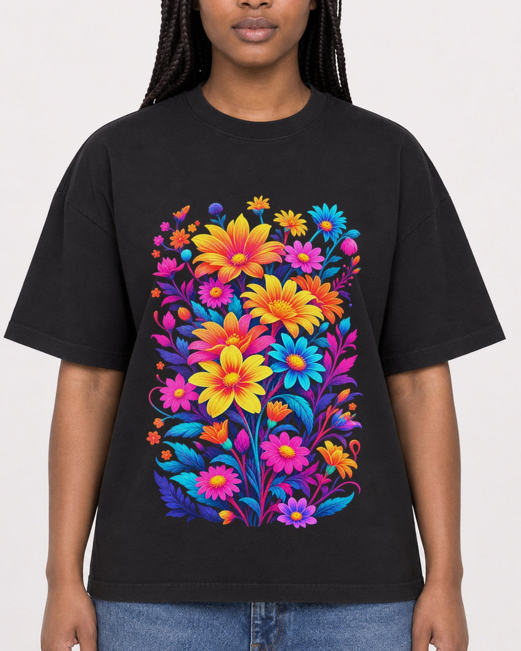 Mockup Boxy Heavyweight Tee Black female close-up 04