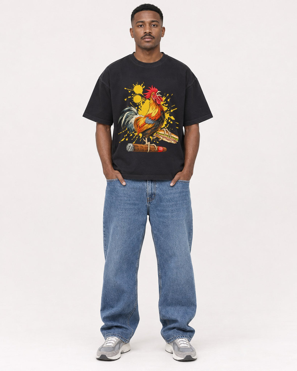 Mockup Boxy Heavyweight Tee Black male full-body 14