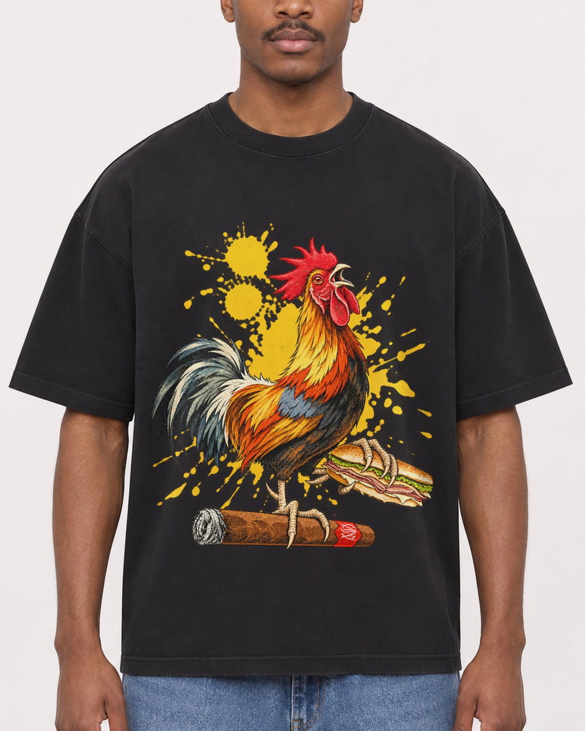 Mockup Boxy Heavyweight Tee Black male close-up 14