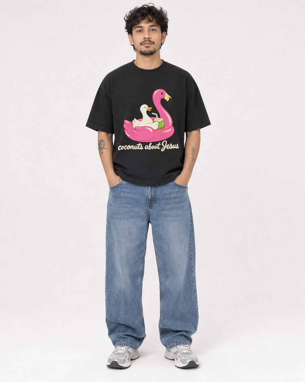 Mockup Boxy Heavyweight Tee Black male full-body 42