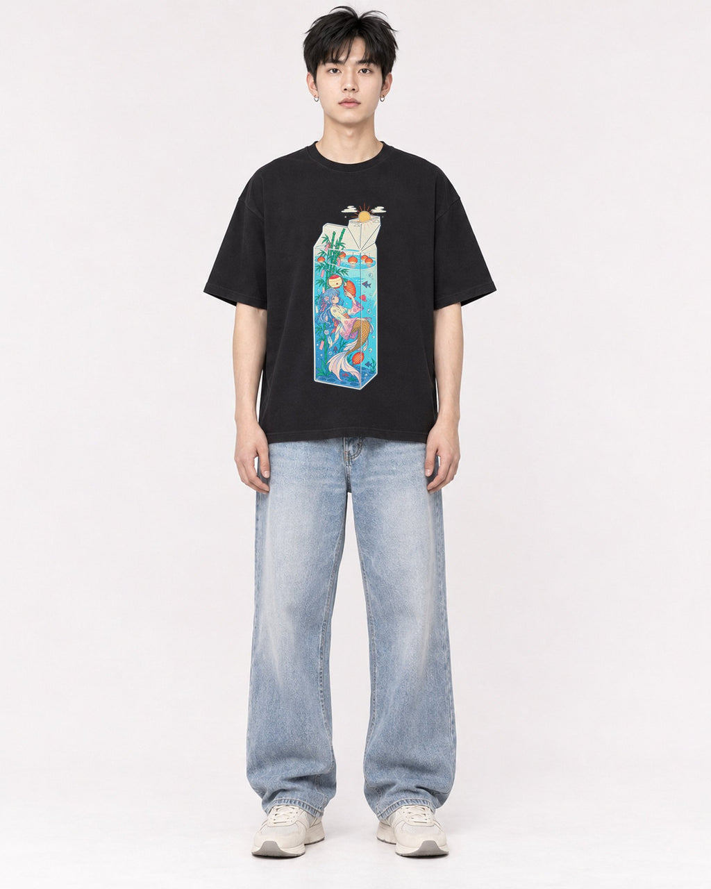 Mockup Boxy Heavyweight Tee Black male full-body 01