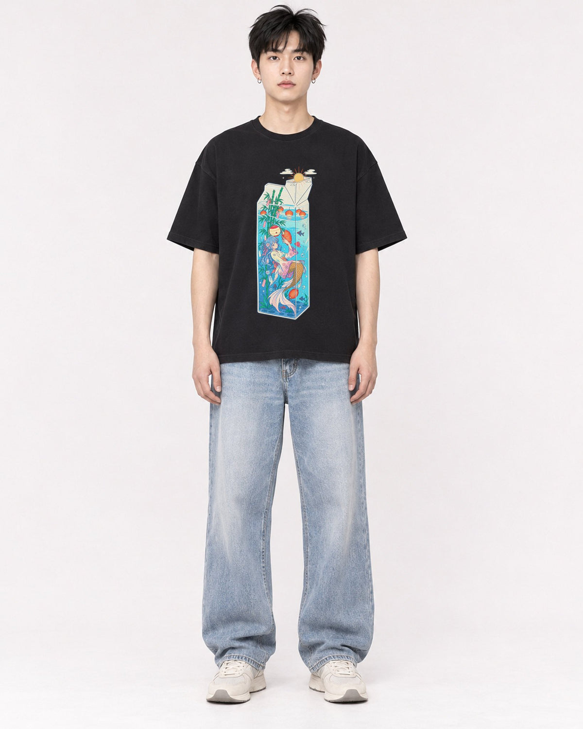 Mockup Boxy Heavyweight Tee Black male full-body 01