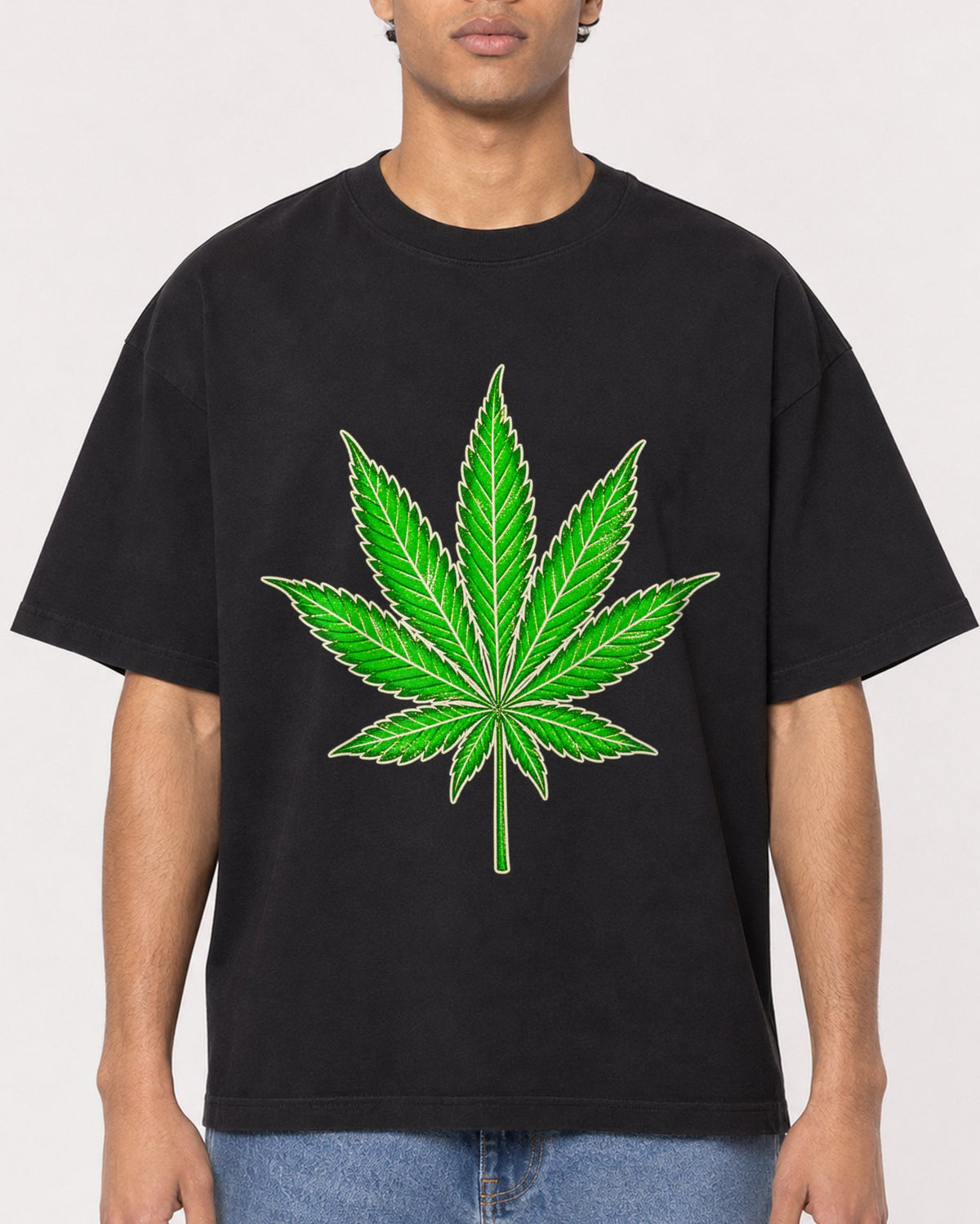 Mockup Boxy Heavyweight Tee Black male close-up 10