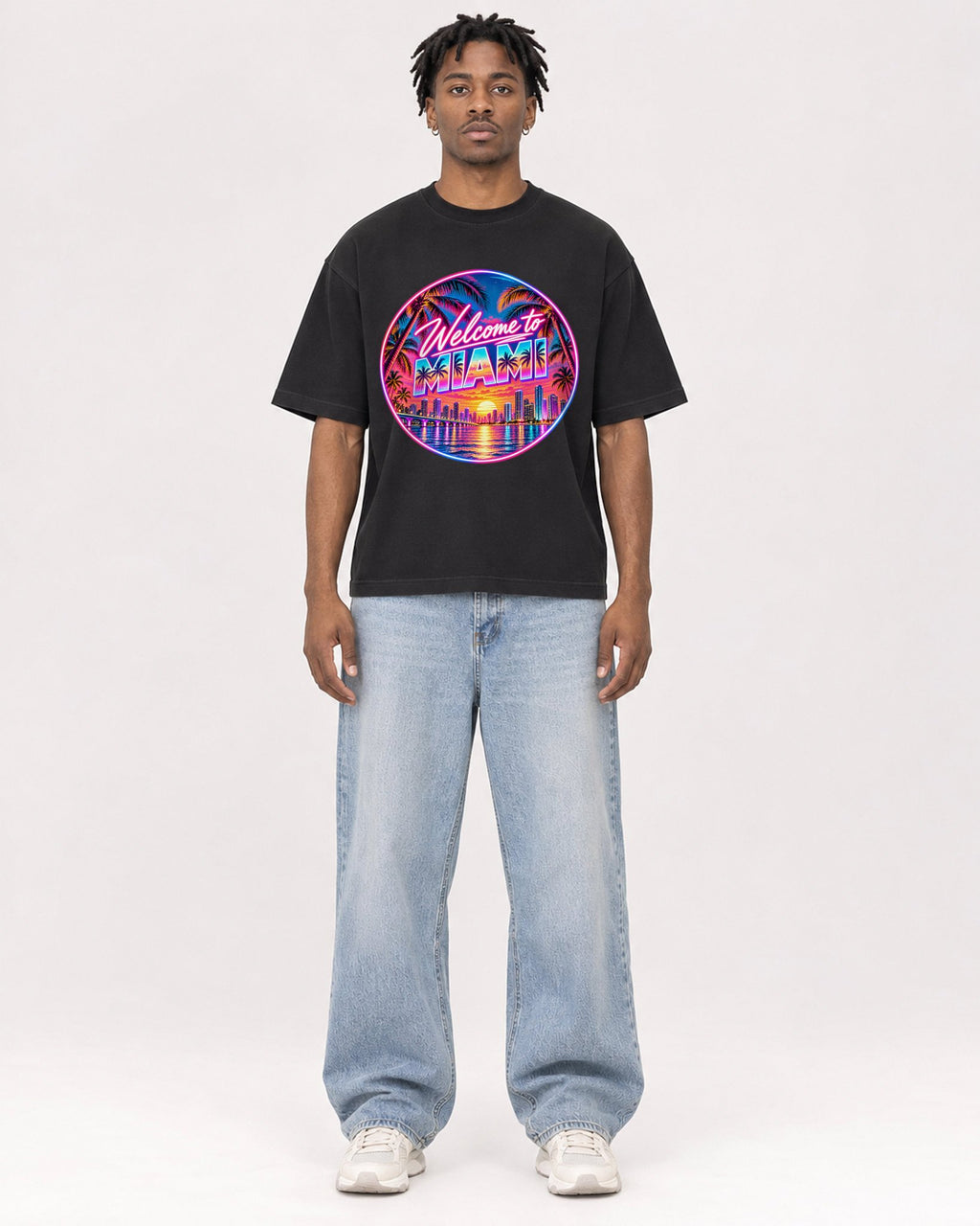 Mockup Boxy Heavyweight Tee Black male full-body 05