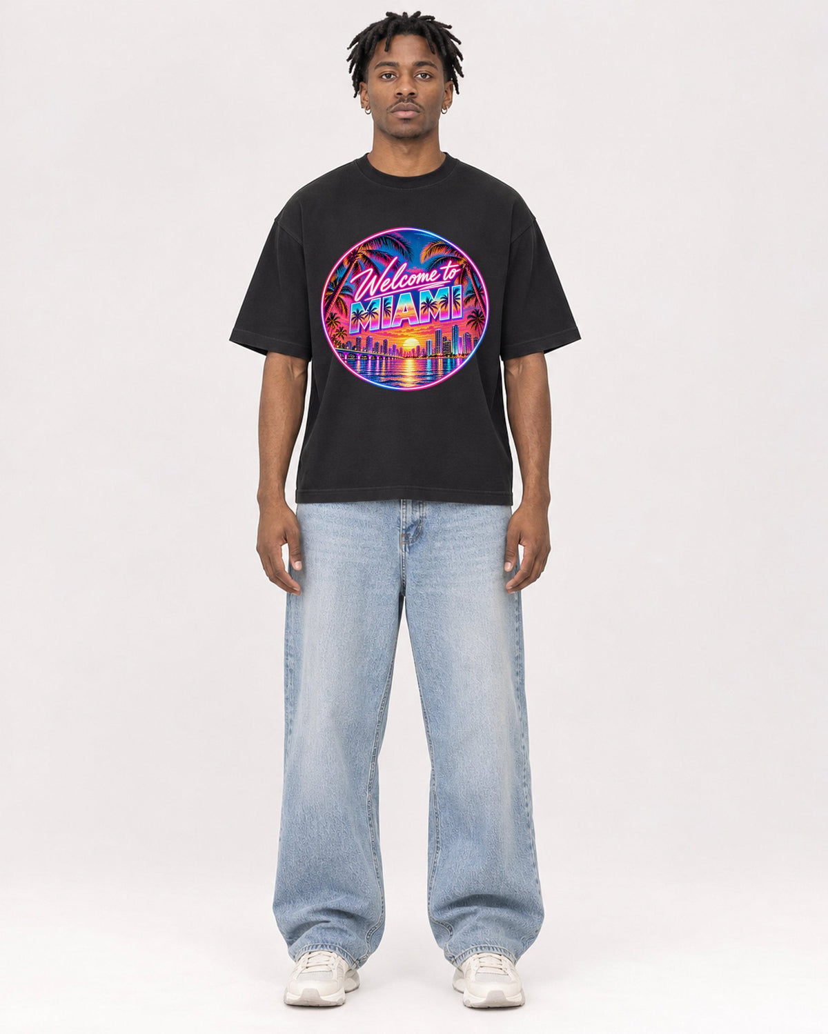 Mockup Boxy Heavyweight Tee Black male full-body 05