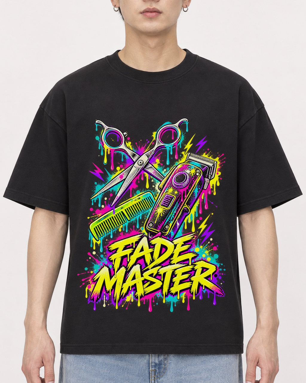 Mockup Boxy Heavyweight Tee Black male close-up 01
