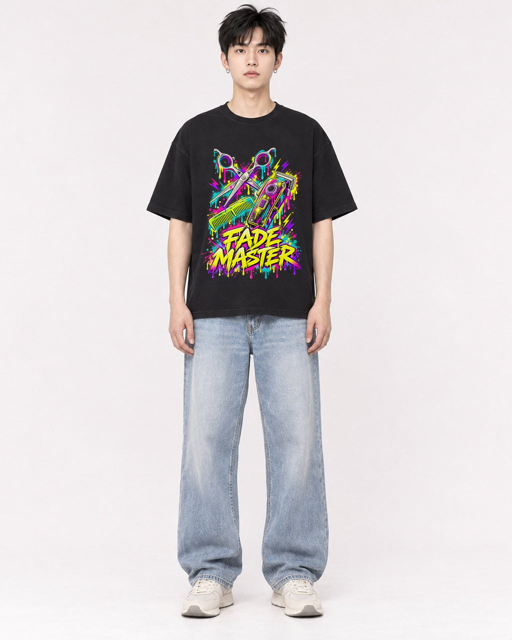 Mockup Boxy Heavyweight Tee Black male full-body 01