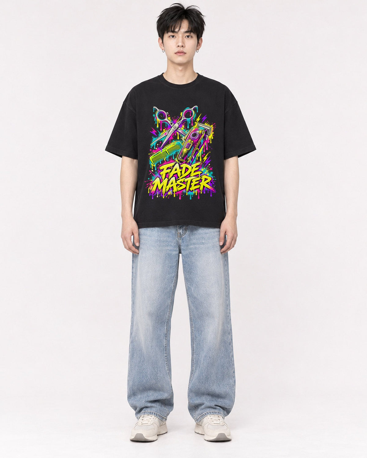 Mockup Boxy Heavyweight Tee Black male full-body 01