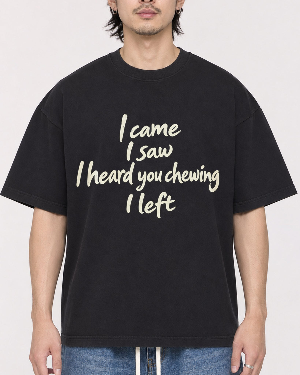 Mockup Boxy Heavyweight Tee Black male close-up 23