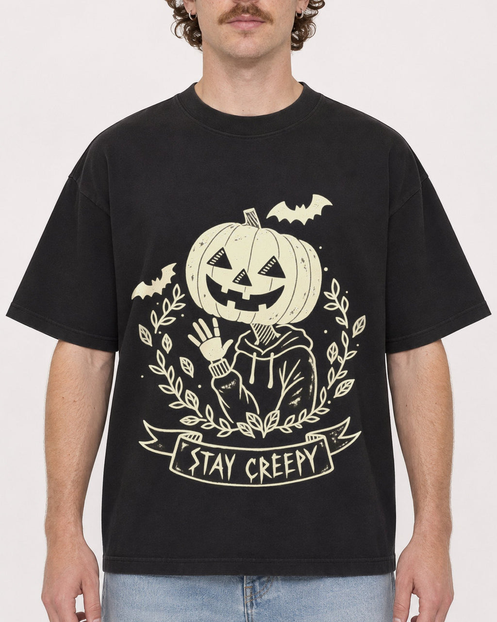 Mockup Boxy Heavyweight Tee Black male close-up 09