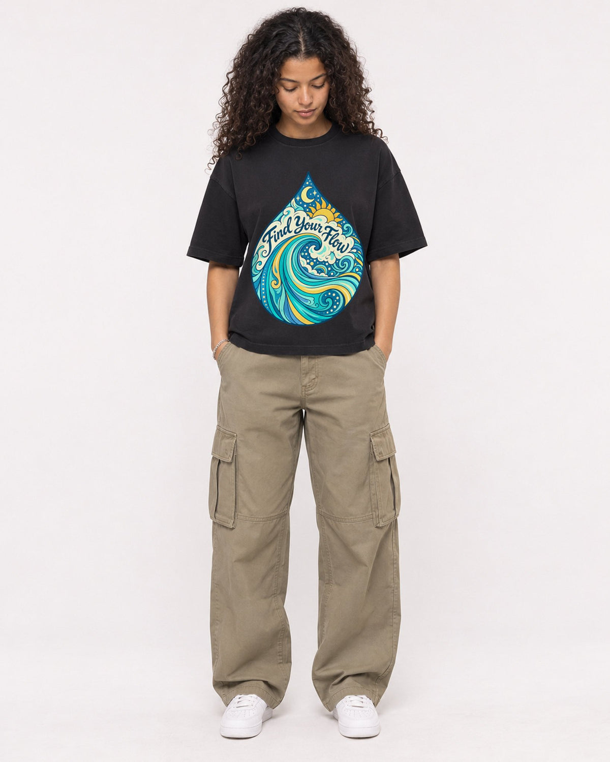 Mockup Boxy Heavyweight Tee Black female full-body 10