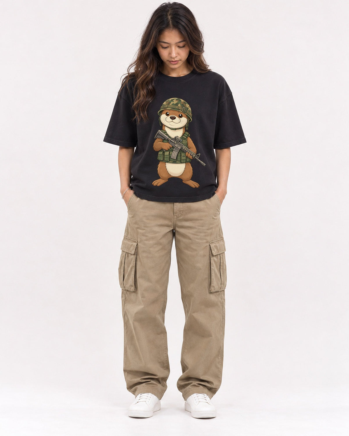 Mockup Boxy Heavyweight Tee Black female full-body 02
